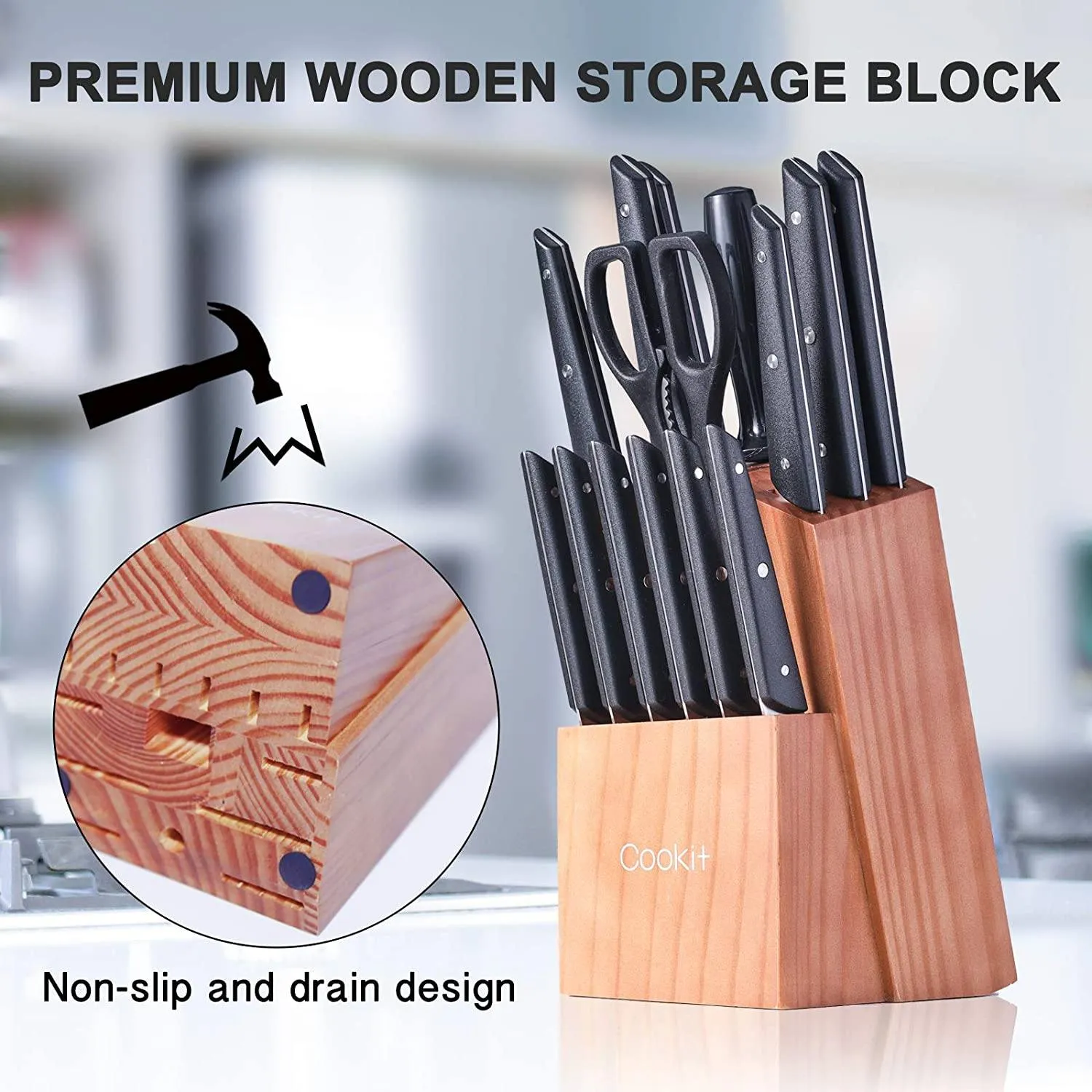 15-Pieces Set: Cookit Germany Stainless Steel Knife Block Set and Serrated Steak Knives