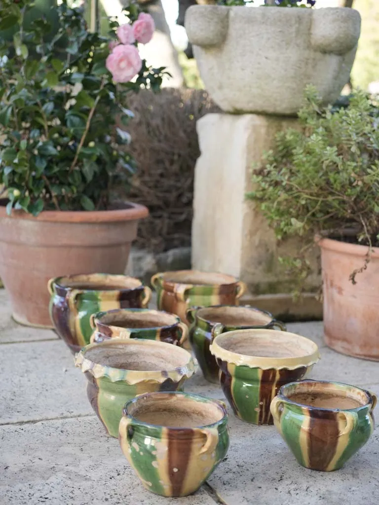 19th-century pair of Anduze flower pots w/ 4 handles 6"