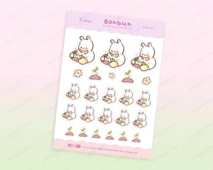 Bonbun's Kawaii Gardening & Planting Sticker Sheet | Pastel Planner Stickers | Cute Bunny & Seedling Designs | BON 005
