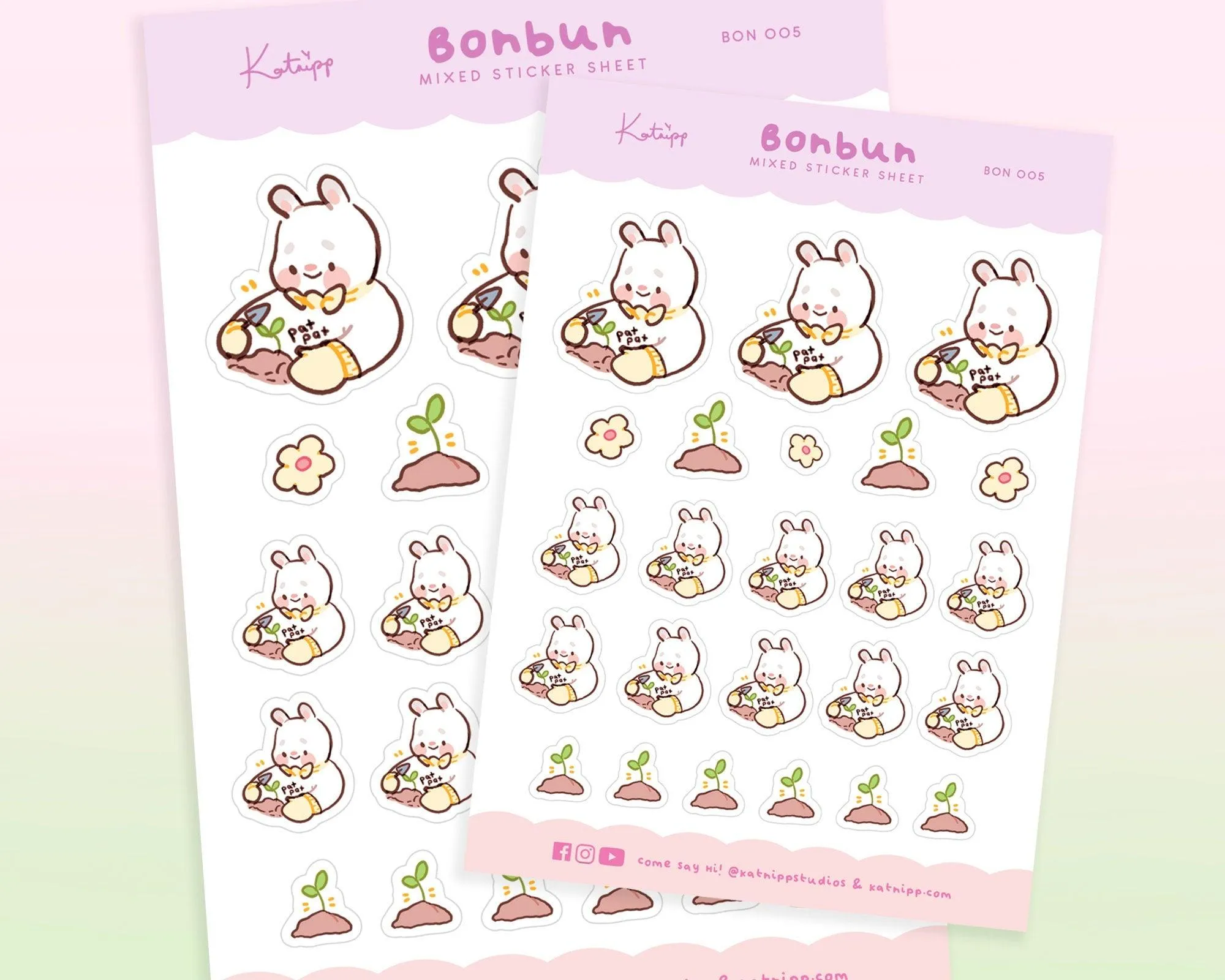 Bonbun's Kawaii Gardening & Planting Sticker Sheet | Pastel Planner Stickers | Cute Bunny & Seedling Designs | BON 005
