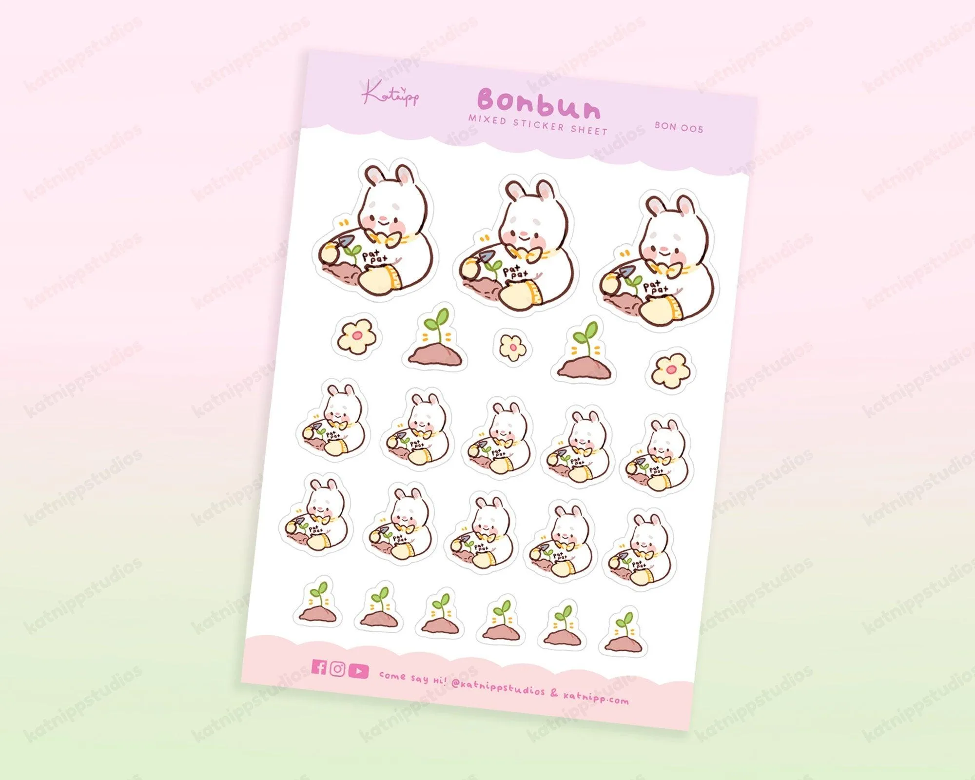 Bonbun's Kawaii Gardening & Planting Sticker Sheet | Pastel Planner Stickers | Cute Bunny & Seedling Designs | BON 005