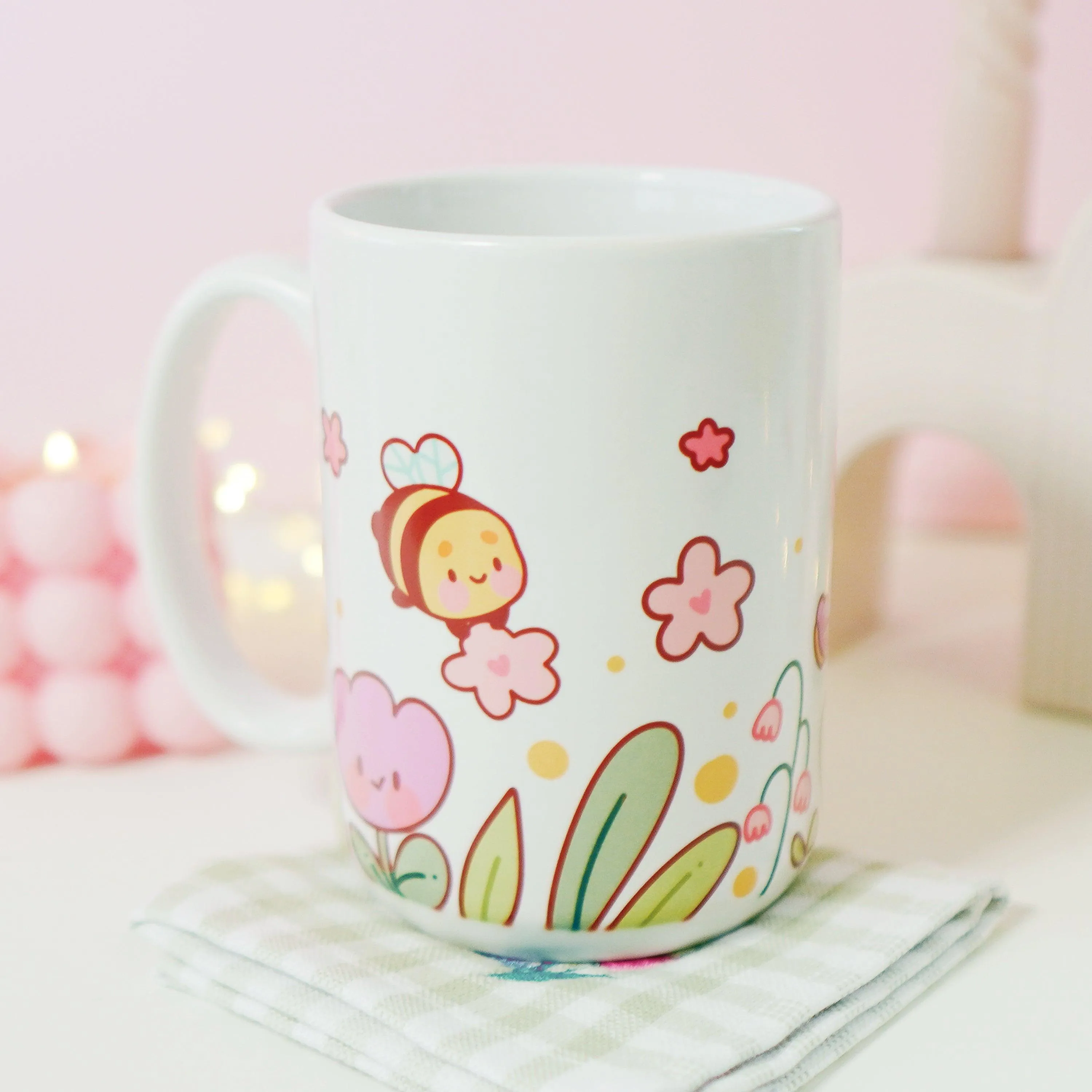 Bumblebutt Sakura & Tulip Ceramic Mug | Kawaii Bee & Flower Pastel Drinkware | Cute Spring Aesthetic Coffee Cup