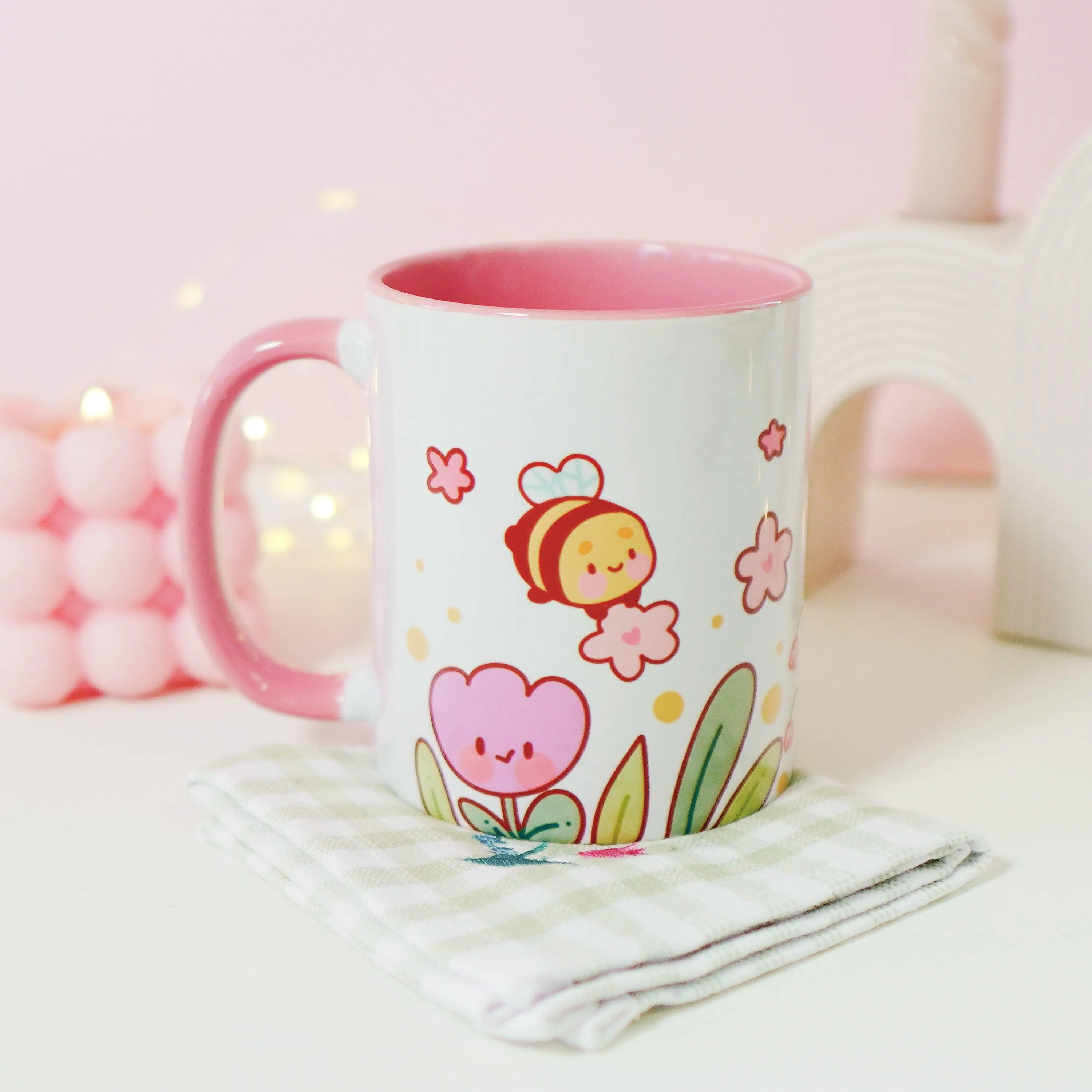 Bumblebutt Sakura & Tulip Ceramic Mug | Kawaii Bee & Flower Pastel Drinkware | Cute Spring Aesthetic Coffee Cup