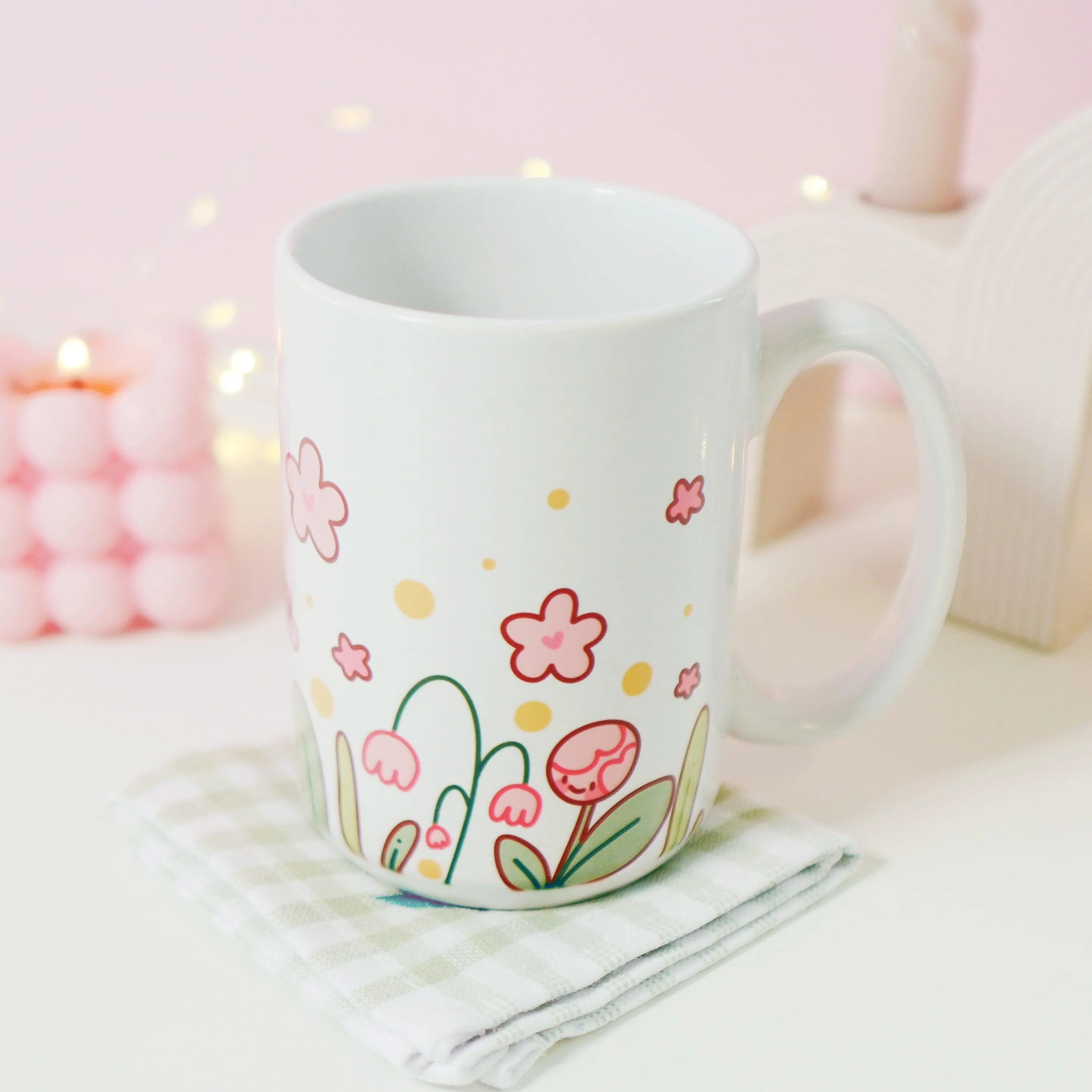 Bumblebutt Sakura & Tulip Ceramic Mug | Kawaii Bee & Flower Pastel Drinkware | Cute Spring Aesthetic Coffee Cup