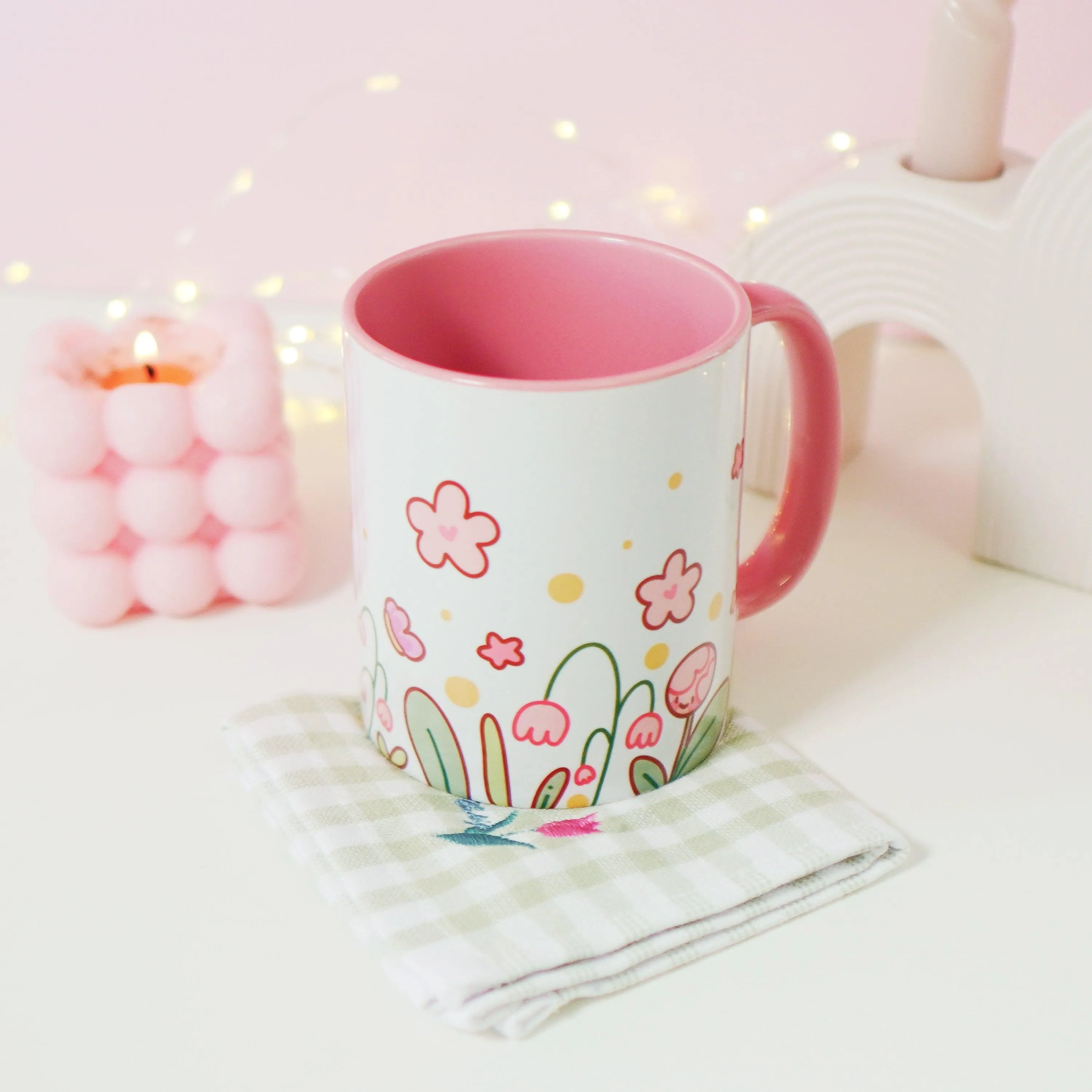 Bumblebutt Sakura & Tulip Ceramic Mug | Kawaii Bee & Flower Pastel Drinkware | Cute Spring Aesthetic Coffee Cup