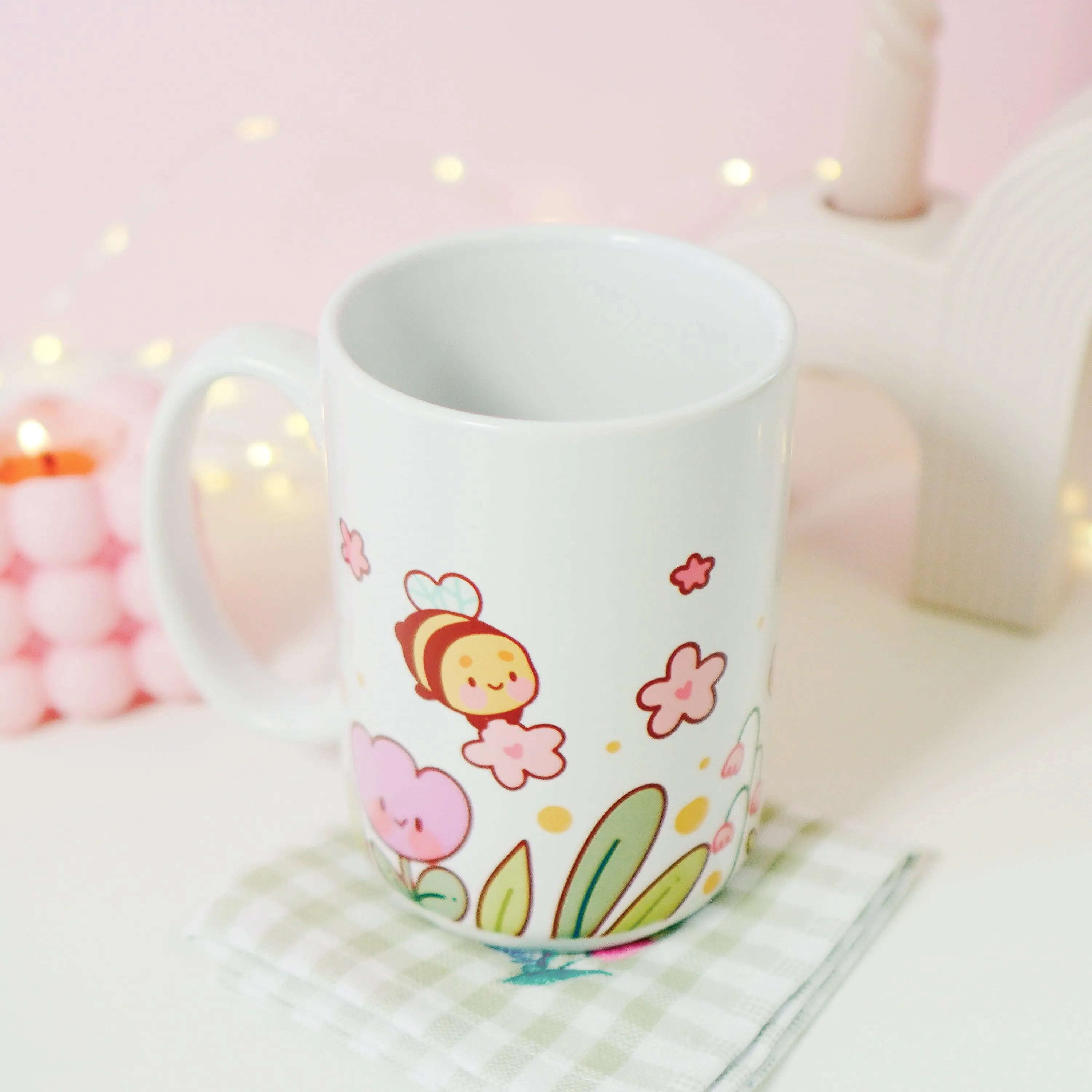 Bumblebutt Sakura & Tulip Ceramic Mug | Kawaii Bee & Flower Pastel Drinkware | Cute Spring Aesthetic Coffee Cup
