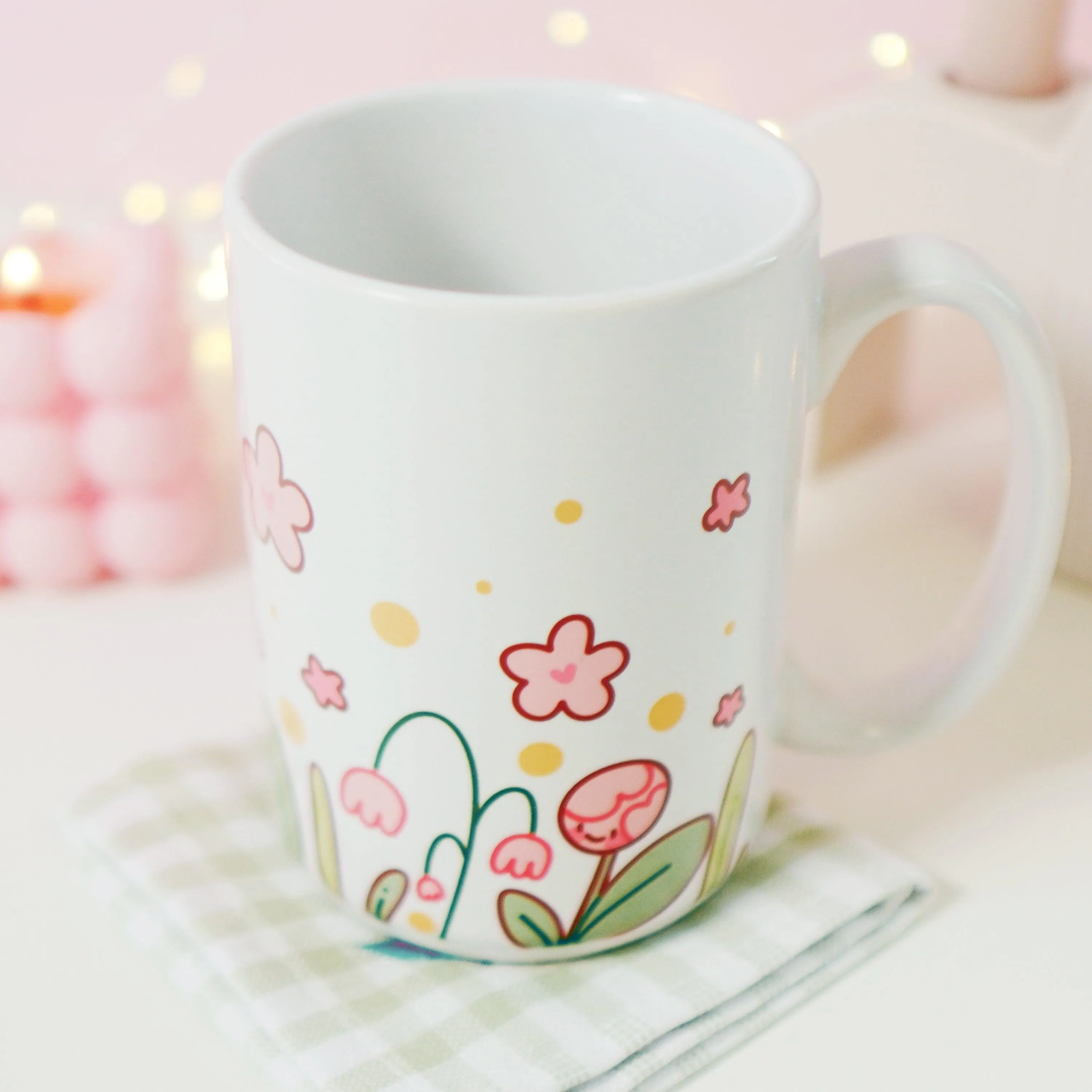 Bumblebutt Sakura & Tulip Ceramic Mug | Kawaii Bee & Flower Pastel Drinkware | Cute Spring Aesthetic Coffee Cup