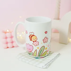 Bumblebutt Sakura & Tulip Ceramic Mug | Kawaii Bee & Flower Pastel Drinkware | Cute Spring Aesthetic Coffee Cup