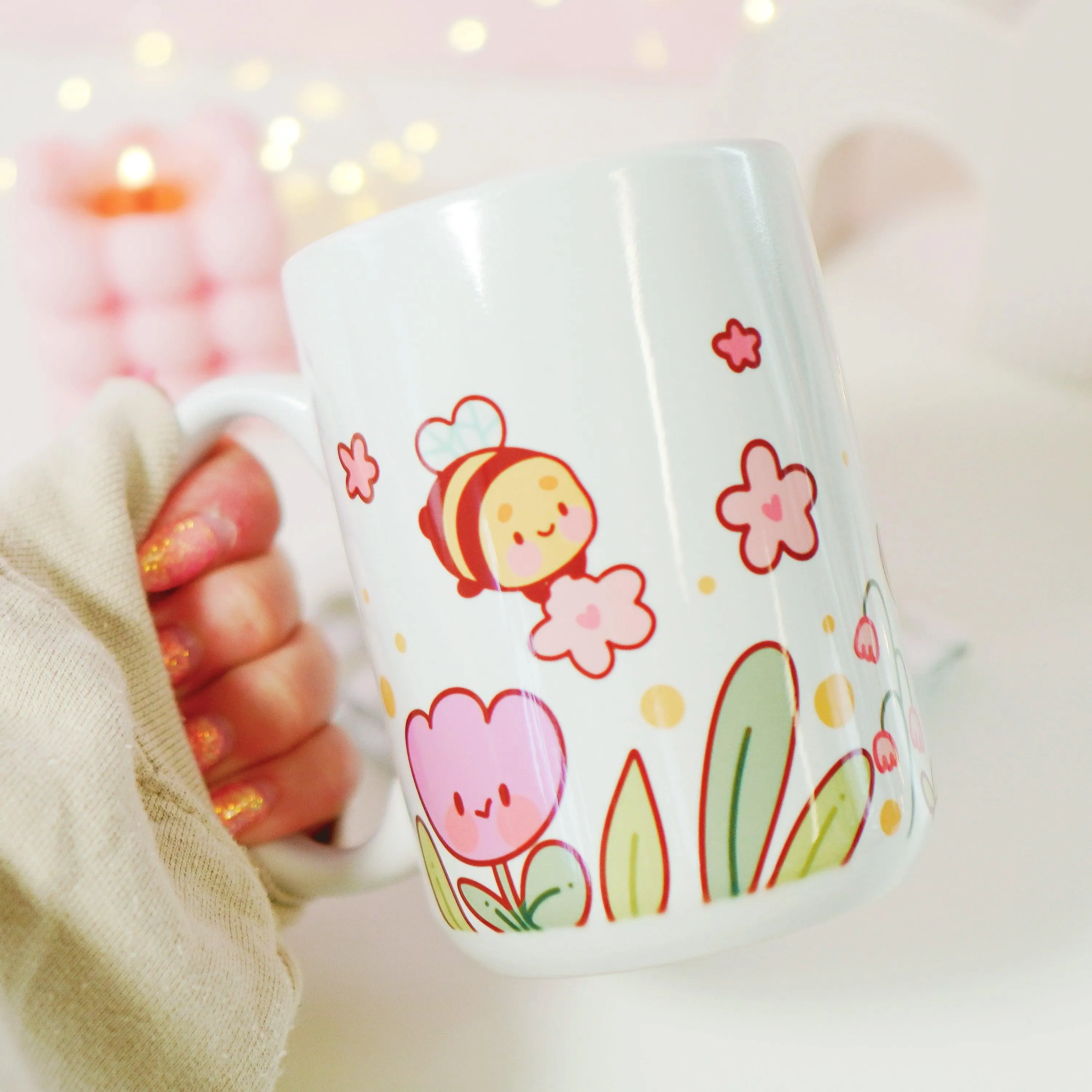 Bumblebutt Sakura & Tulip Ceramic Mug | Kawaii Bee & Flower Pastel Drinkware | Cute Spring Aesthetic Coffee Cup