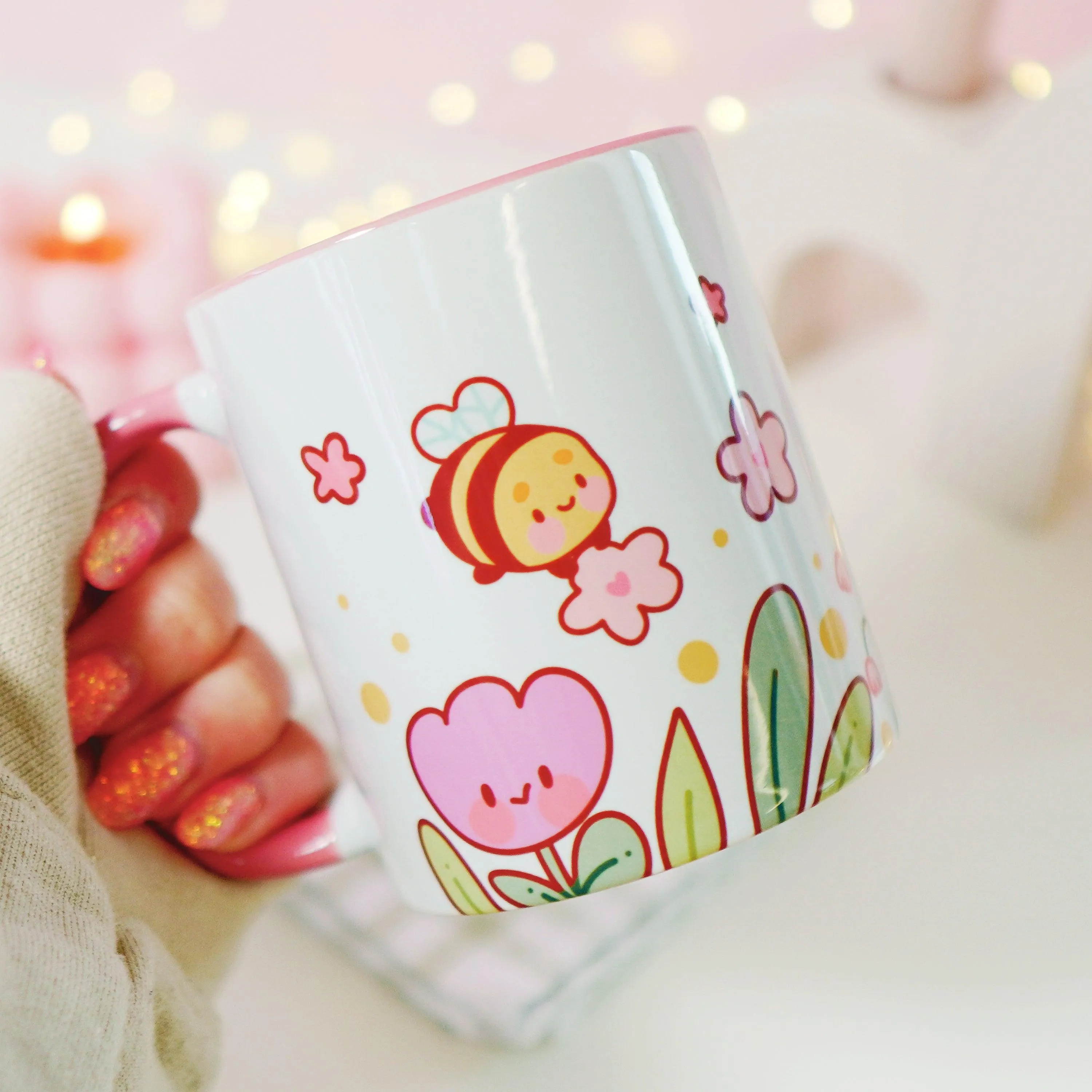 Bumblebutt Sakura & Tulip Ceramic Mug | Kawaii Bee & Flower Pastel Drinkware | Cute Spring Aesthetic Coffee Cup