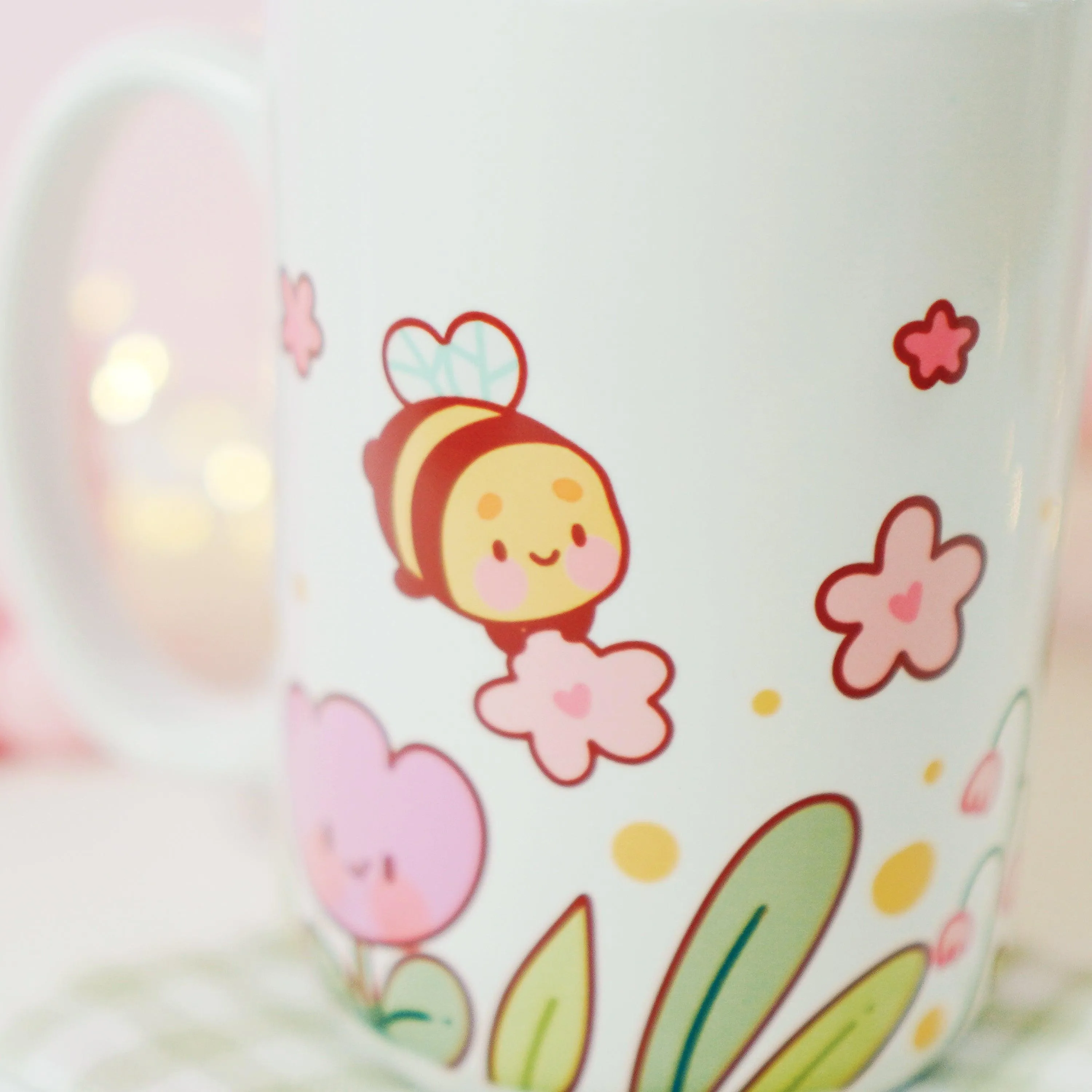 Bumblebutt Sakura & Tulip Ceramic Mug | Kawaii Bee & Flower Pastel Drinkware | Cute Spring Aesthetic Coffee Cup