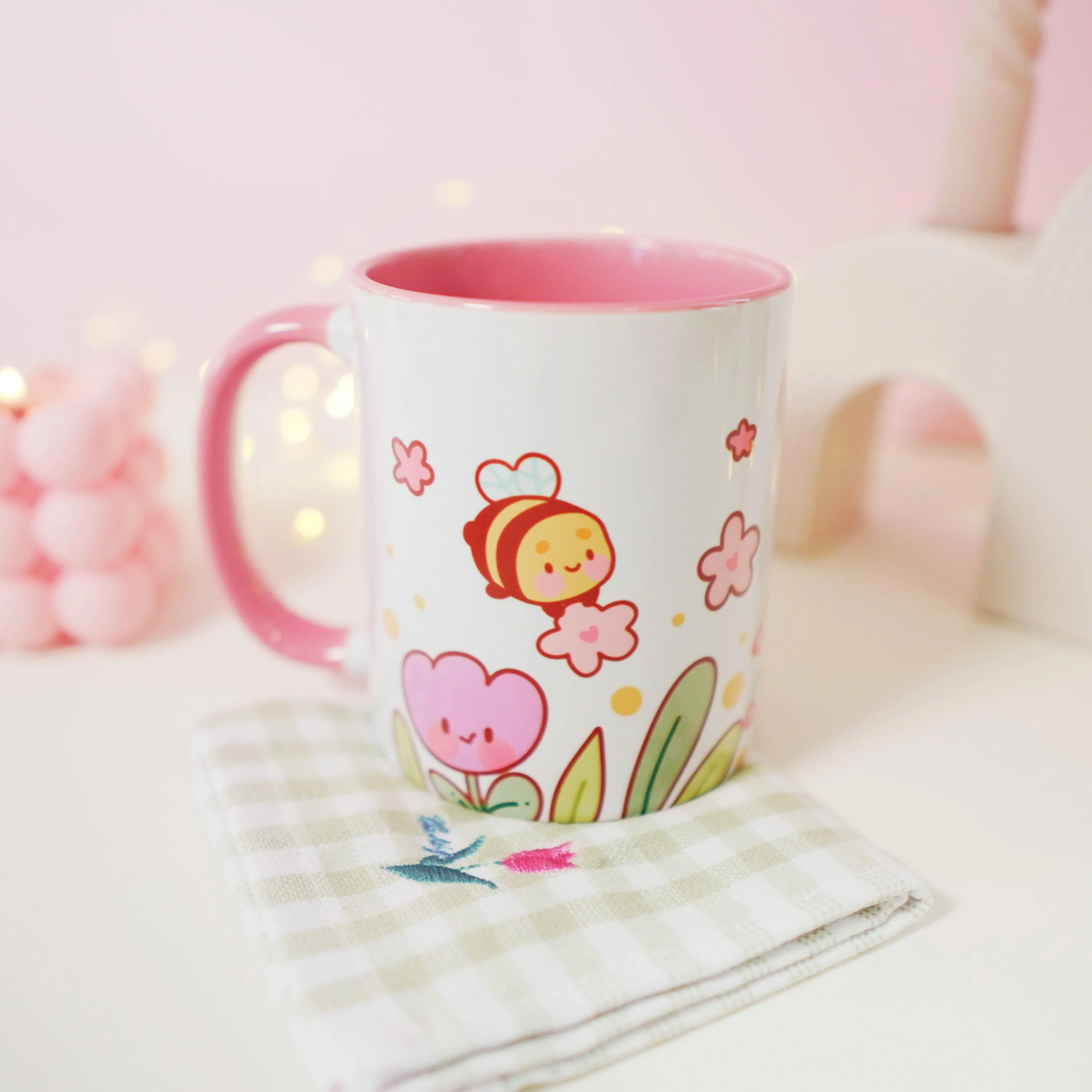 Bumblebutt Sakura & Tulip Ceramic Mug | Kawaii Bee & Flower Pastel Drinkware | Cute Spring Aesthetic Coffee Cup