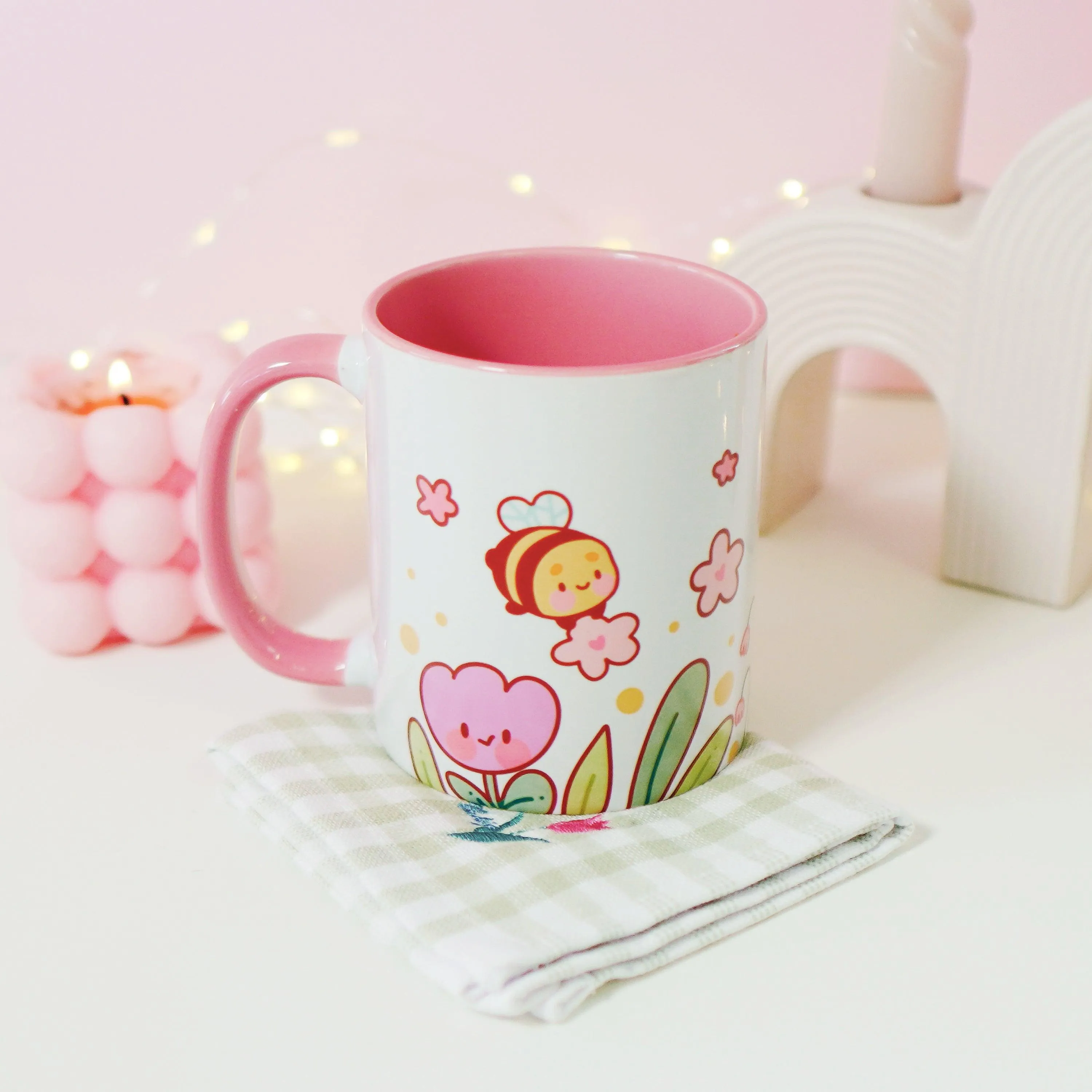 Bumblebutt Sakura & Tulip Ceramic Mug | Kawaii Bee & Flower Pastel Drinkware | Cute Spring Aesthetic Coffee Cup