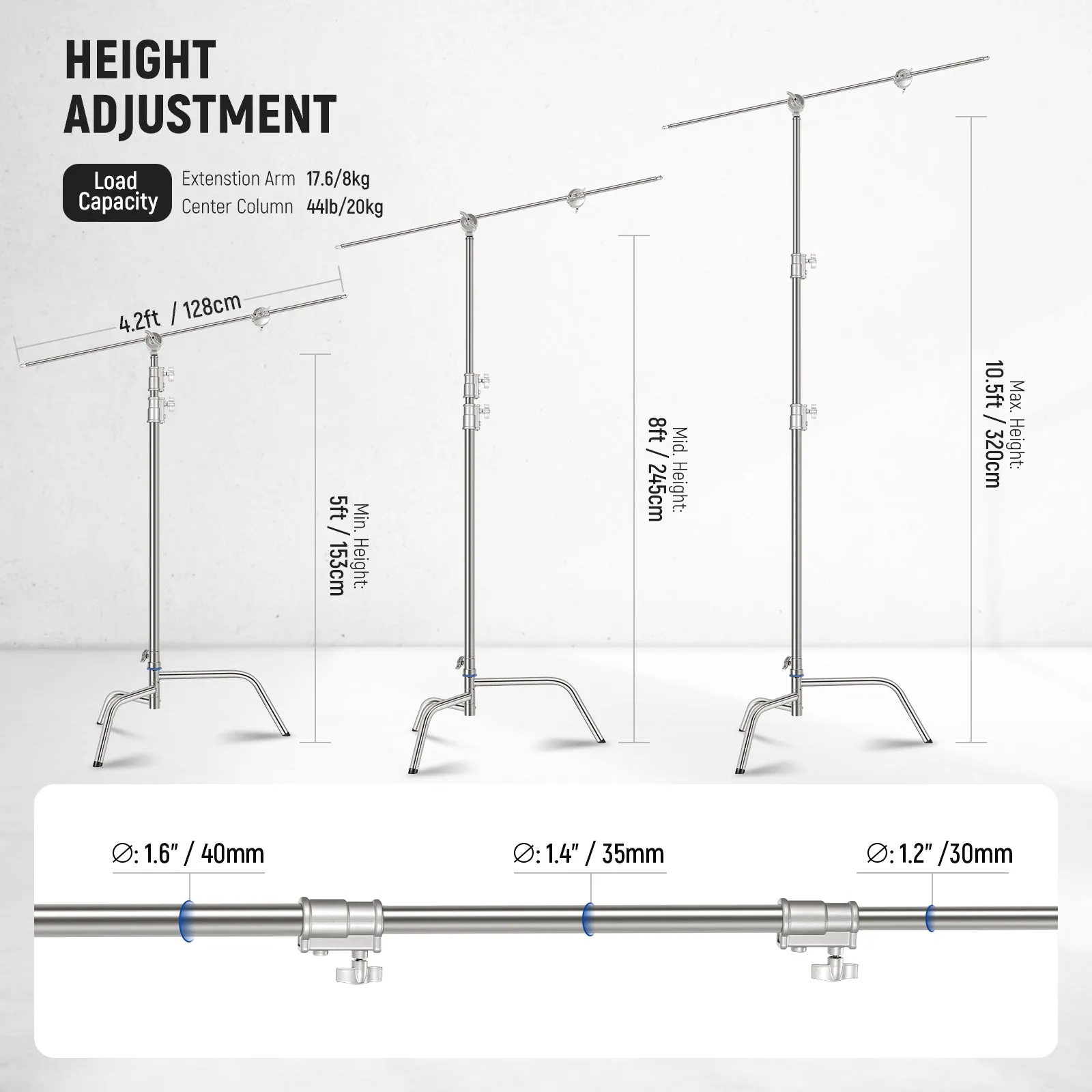 NEEWER SC320Q 10.5ft/320cm Stainless Steel Heavy Duty C Stand with Boom Arm