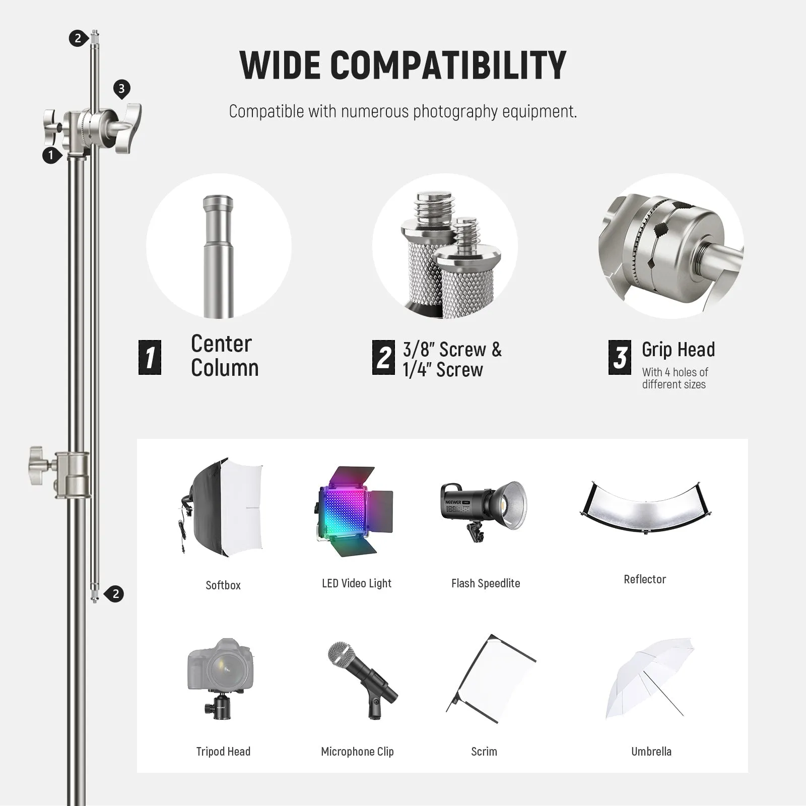 NEEWER SC320Q 10.5ft/320cm Stainless Steel Heavy Duty C Stand with Boom Arm